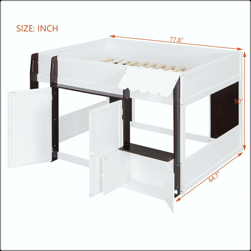 Lit mezzanine double avec maisonnette et rangement, Blanc et espresso