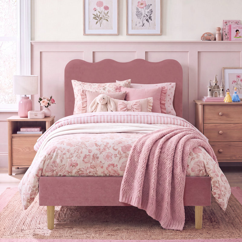 Lit simple tapissier Wave, Pink Velvet