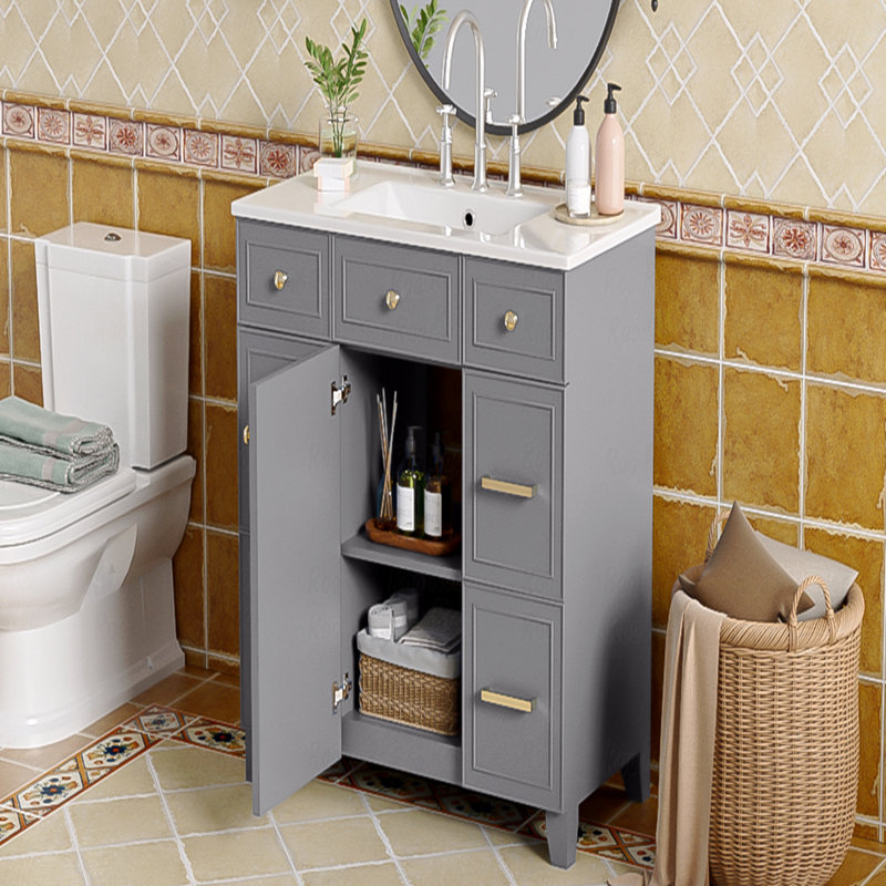 Meuble-lavabo 36 po avec lavabo en céramique gris, structure en bois massif, portes à fermeture en douceur, tablettes réglables, 3 tiroirs, y compris un tiroir à double profondeur pour le rangement du sèche-cheveux