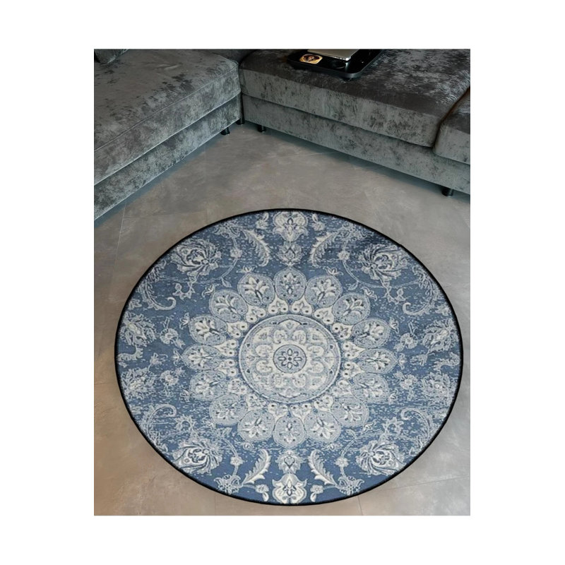 Blue Themed Ethnic Motif Traditional Patterned Round Woven Base Vintage Decorative Carpet, Round 2'8"