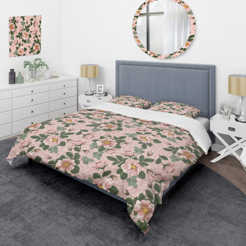Floral rose et feuille verte - ensemble de housse de couette floral - polyester microfibre