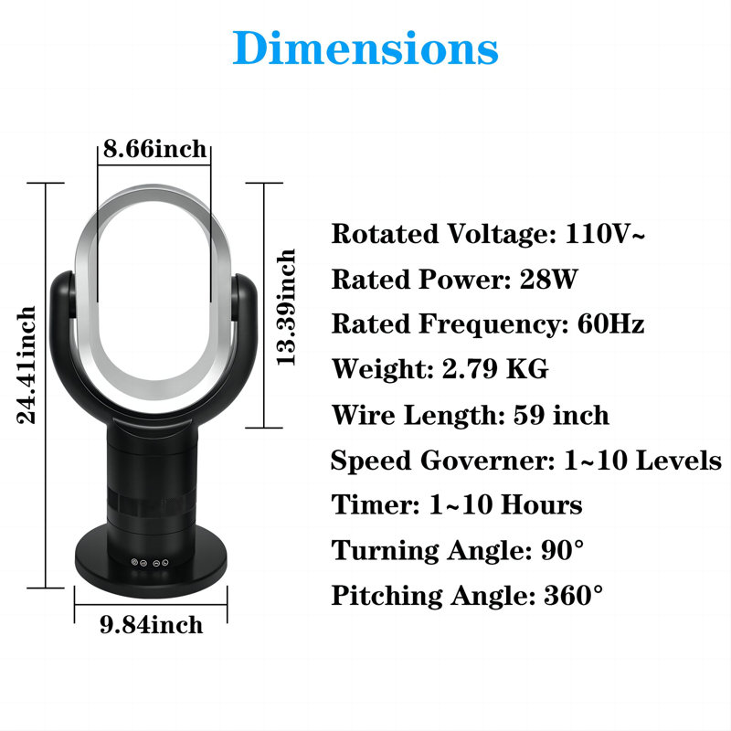 Oscillating Bladeless Tower Fan with Remote Control 10 Speeds Setting 10H Timer Adjustable Tilt, 24.4" H x 9.84" W x 9.84" D