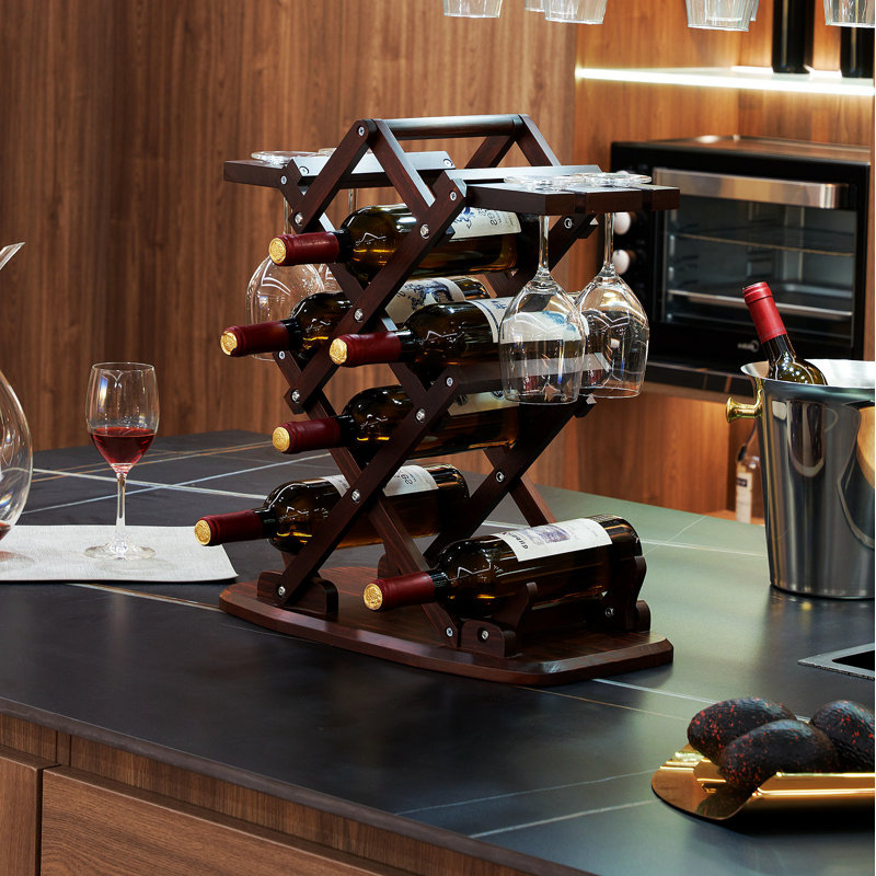 6 Bottle Solid Wood Wine Bottle & Glass Rack, Walnut