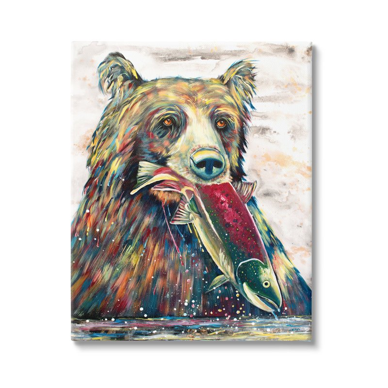 " Bear And Fish Modern Wildlife Splash " by Jen Seeley Painting Print, 30" H x 24" W x 1.5" D