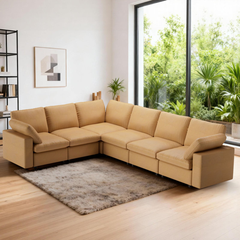 130" L-Shaped Sectional Sofa, 6-Seater Modular Couch With Pu Upholstery Sofa, Yellow