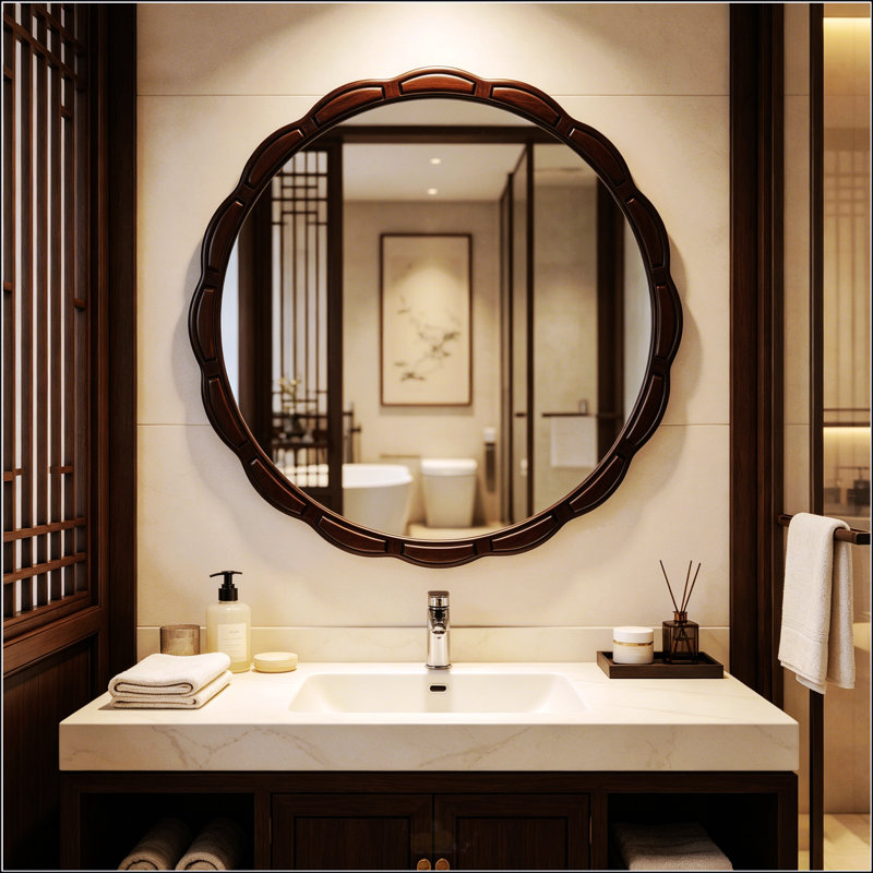 Miroir mural rustique rond en bois avec cadre sculpté pour la décoration intérieure, Walnut Brown