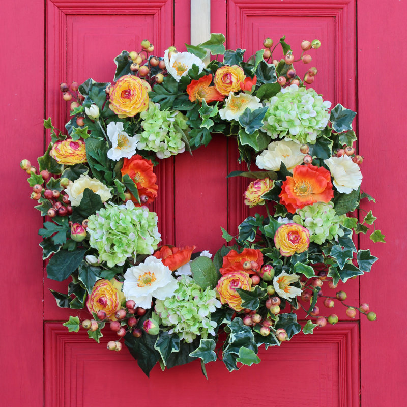 Couronne en soie hortensia et dépilée, H 30 po x l 30 po x P 6 po
