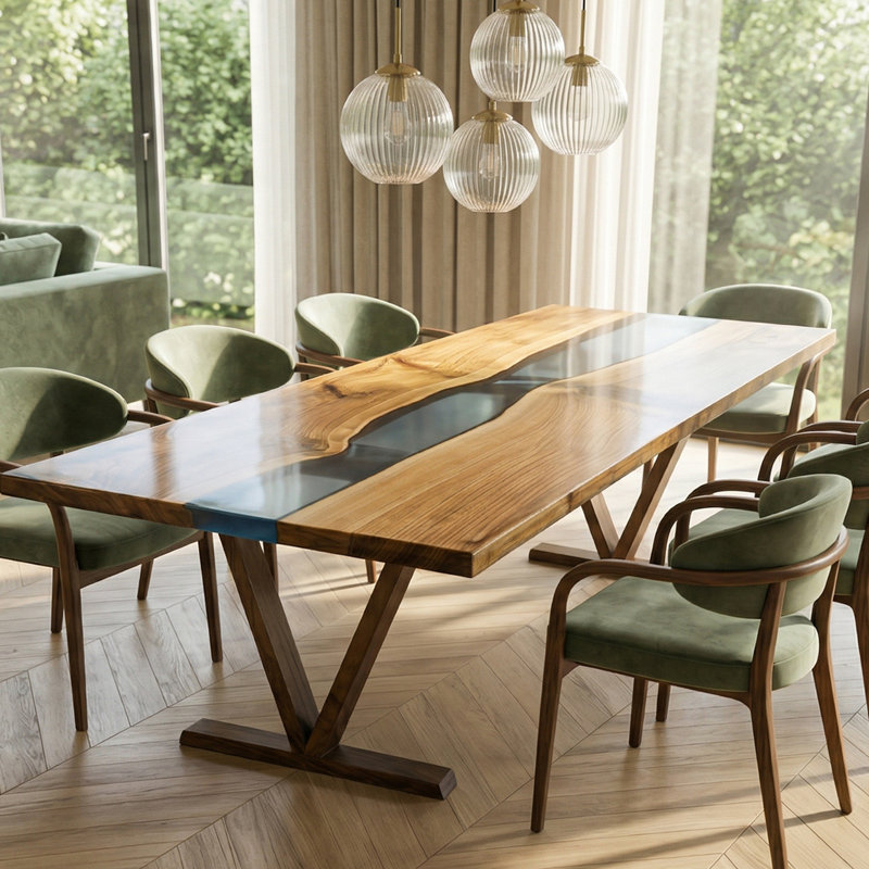 Luxury Live Edge Walnut Epoxy River Dining Table – Handmade Solid Wood Farmhouse Table with Clear Resin Inlay, Modern Rustic Kitchen & Dining Room Furniture