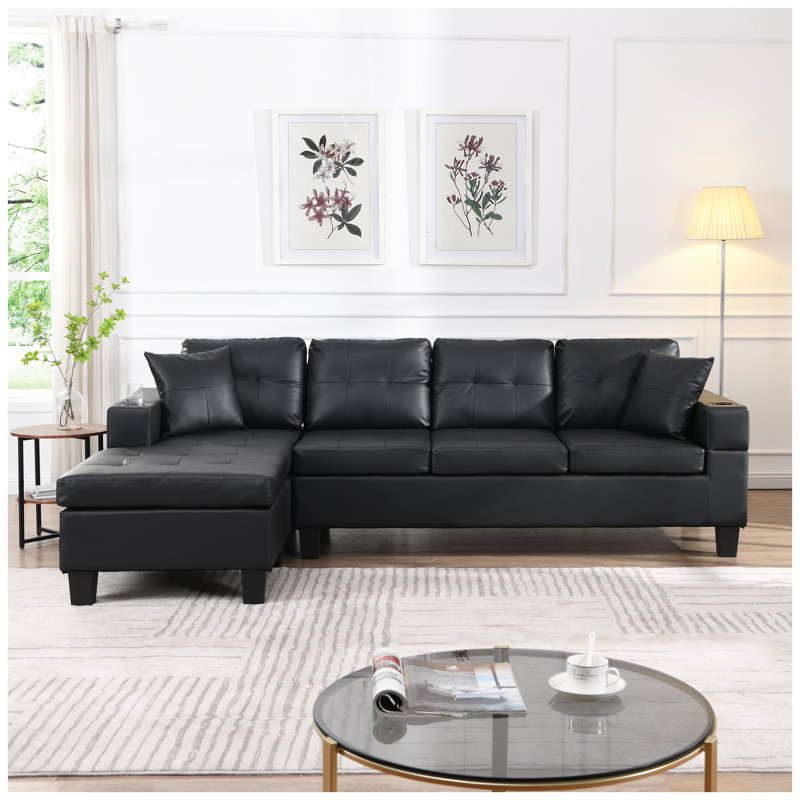 Ensemble de canapé modulaire en L avec méridienne et repose-pieds, cuir synthétique noir, 4 places