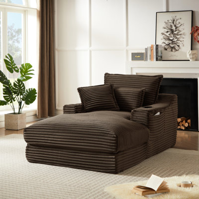 Fauteuil lounge moderne brun de 120 cm (47,11 pouces) avec coussin d'assise double couche unique et forme en S, confortable et rembourré, idéal pour le salon, la chambre, l'appartement ou le bureau. Porte-gobelets inclus.