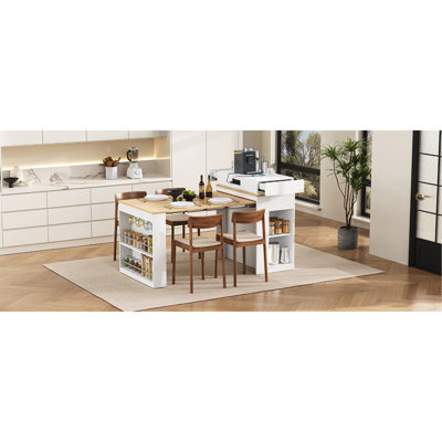 [VIDÉO] Table de salle à manger extensible avec plateau de table pliable, table de bar avec tiroirs et prise de courant TREXM, îlot de cuisine avec roulettes et crochets, buffet pour la cuisine et la salle à manger (blanc crème et naturel)