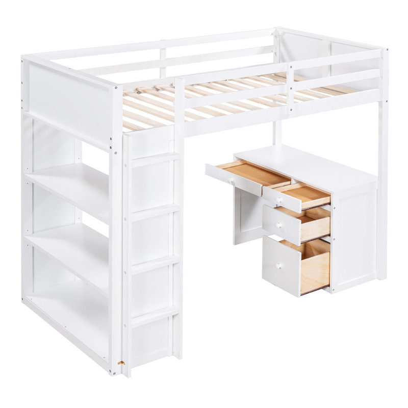 Lit mezzanine avec échelle, tablettes et bureau, Simple, Blanc