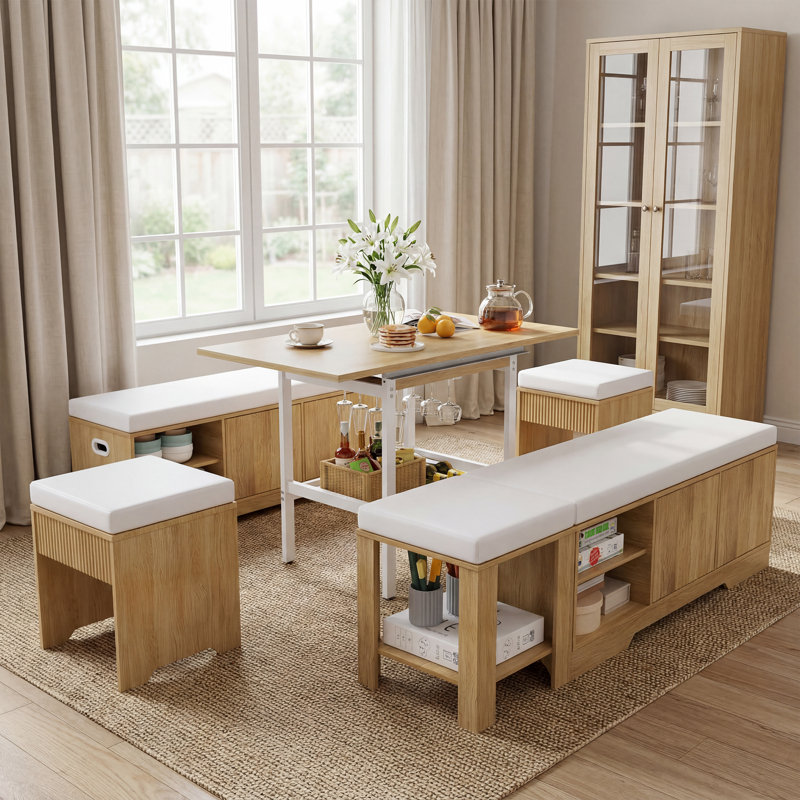 Ensemble de table de coin-repas extensible avec bancs et tabourets de rangement, ensemble de table de salle à manger de coin 6 pièces
