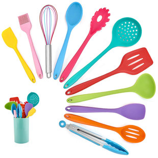 12-Piece Silicone Kitchen Cooking Utensils Set with Holder, Wooden Handle Utensils for Cooking, Kitchen Tools Include Spatula Turner Spoons Soup Ladle