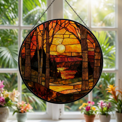 7.8"H Sunset Forest Stained Glass Window Panel