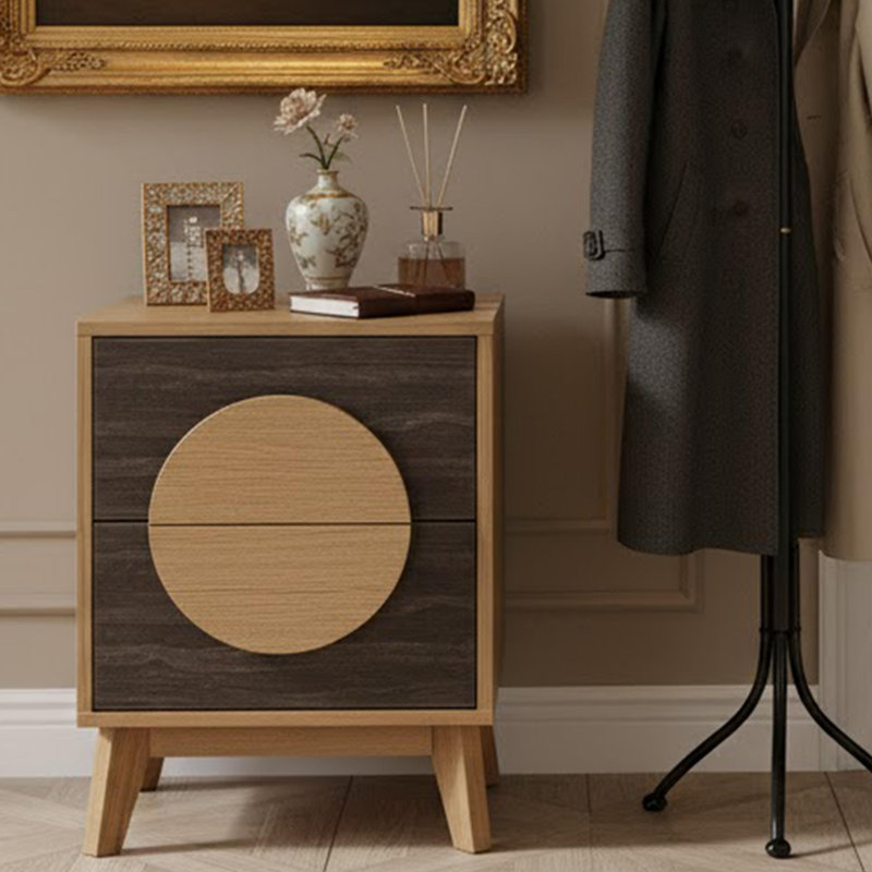 Table de chevet moderne 21 po avec 2 tiroirs et motif de grain de bois à blocs de couleur