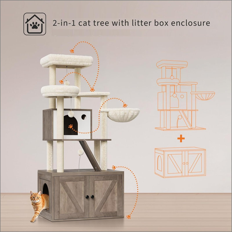 59-inch Cat Tree With Litter Box Enclosure 2-in-1 Modern Large Cat Tower For Indoor Cats With Condo/hammock/scratching Post/plush Perch/caves, Wooden Hidden Litter Box Furniture, Grey