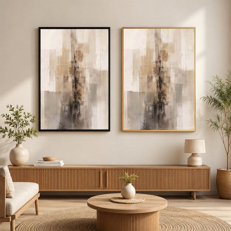 Toile abstraite verticale brune sur toile beige avec cadre flottant, prête à être accrochée, 12 po x 18 po, Doré
