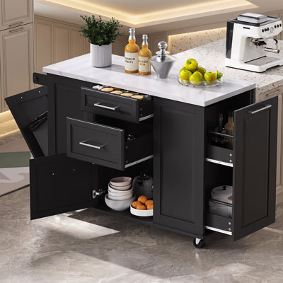 Kitchen Storage Island Cart on 5 Wheels with Drop Leaf, Tilt Trash Cabinet and Pull Out Organizer