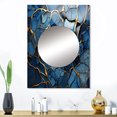 Melike or et bleu marbre mosaïque agate III - miroir décoratif abstrait, miroir mural moderne, art imprimé en métal