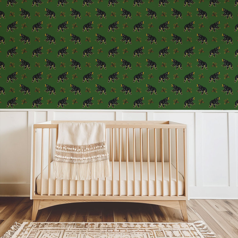 Roaming Black Bear - Wallpaper, Black; Green, Non-Pasted, Faux Grasscloth