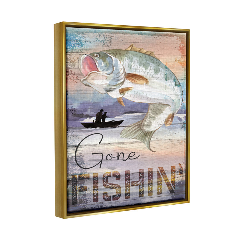 " Gone Fishin' Bass Angler Marine Life " by ND Art, 31" H x 25" W x 1.7" D, Metallic Gold Floater Frame