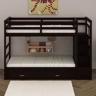 Twin Over Twin Bunk Bed With Trundle, Solid Wood Bunk Bed With 4 Storage Drawers, Staircase And Safety Guard Rail