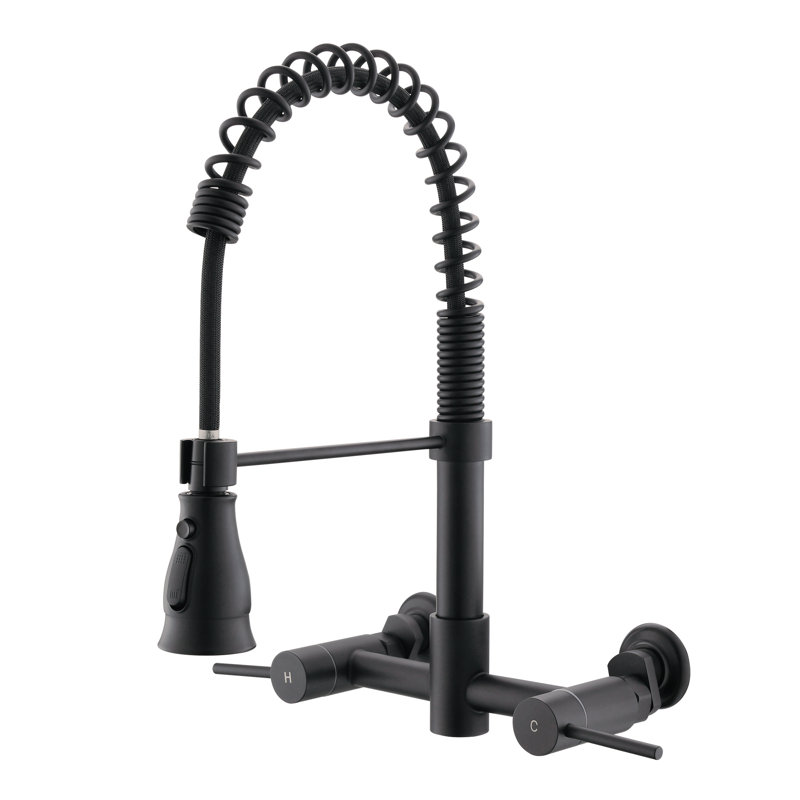 Felixbath Wall Mounted Pull Down Bridge Kitchen Faucet With Double Handles, Matte Black