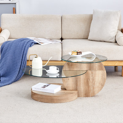 Luxurious 35.4" Glass Top Round Nesting Coffee Table with 3-Tier Storage Shelves