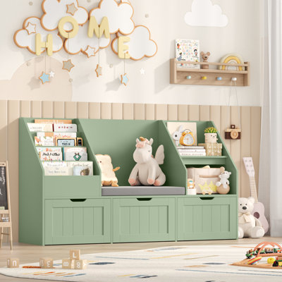 Bibliothèque pour enfants 3-en-un à 3 tiroirs, l 55,1 po x H 31,5 po, coussin moelleux, bibliothèque à 4 couches, coin lecture