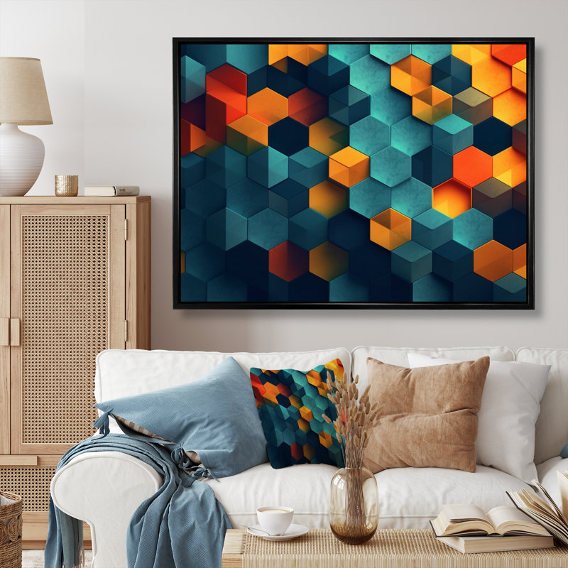Abstractions géométriques orange et turquoise, reproduction sur toile, H 16 po x l 32 po x P 1 po, Cadre flottant noir