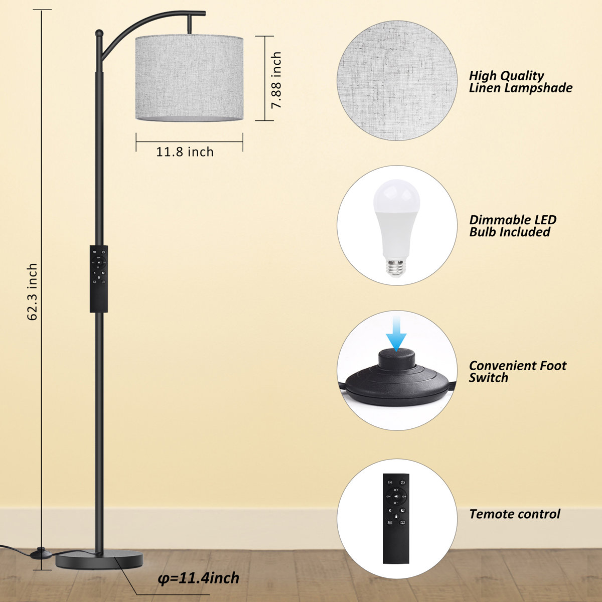 Latitude Run 62 Arched Floor Lamp With Remote Control And Bulb Included view 4