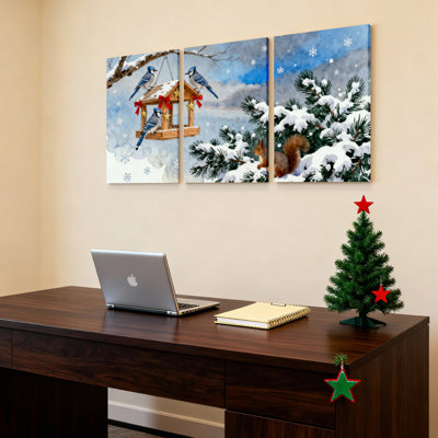 Ensemble de 3 tableaux sur toile représentant une scène d'hiver avec des geais bleus et un écureuil
