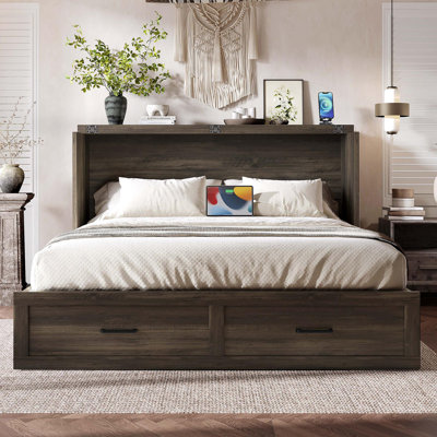 Grand lit escamotable Murphy avec station de charge, lit plateforme pliable multifonctionnel avec 1 grand tiroir de rangement pour chambre d'amis, petite chambre, gris rustique