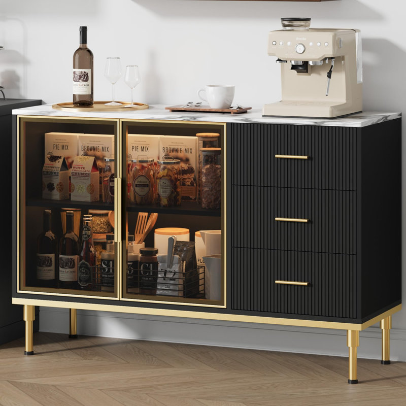 46.4" Fluted Buffet Sideboard Cabinet with Glass Doors, 3 Drawers & Faux Marble Top for Dining Room, Black