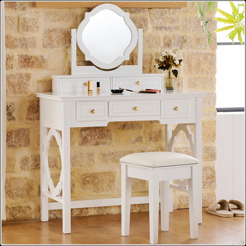 Coiffeuse compacte avec miroir réversible, coiffeuse avec tabouret, coiffeuse compacte pour petits espaces