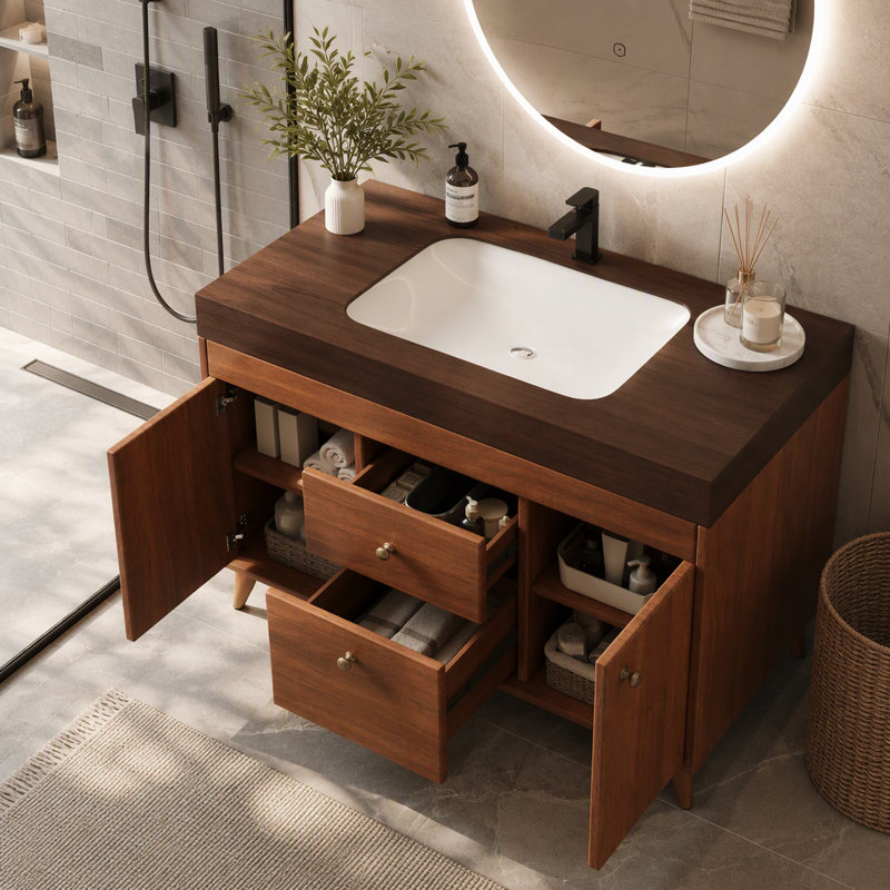 Freestanding Standard Free Standing Single Double Single Vanity Bathroom Vanity With Stone Top, Walnut