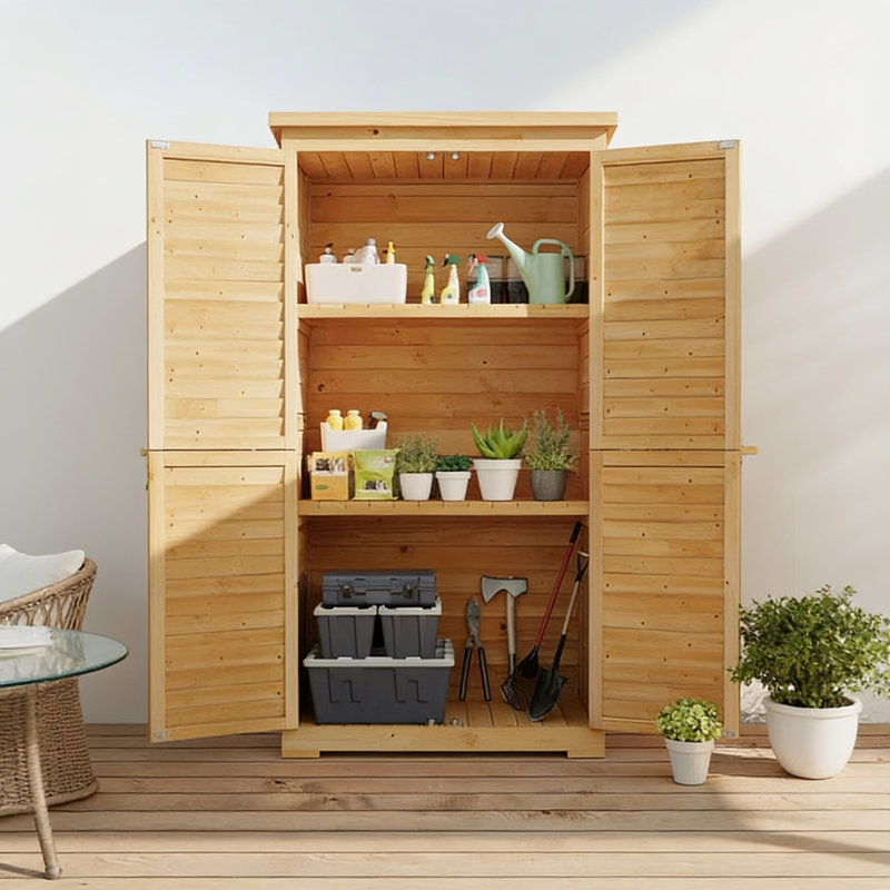 5.2'H Outdoor Solid Wood Vertical Storage Shed, Natural Wood