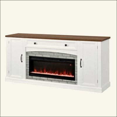 Meuble télé chauffant avec foyer électrique pour téléviseur de 70 po ou moins, console de style campagne avec gestion des câbles, meuble télé en noyer avec tiroir et tablettes réglables pour le salon