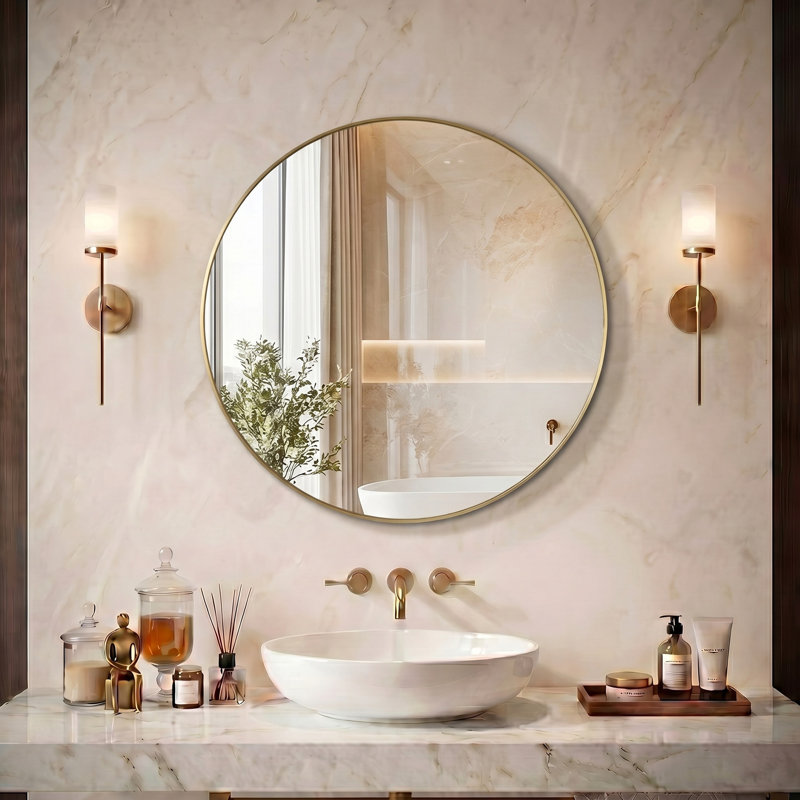 Miroir mural rond en aluminium, miroir circulaire moderne pour meuble-lavabo, entrée, salon, 16,69 po x 16,69 po, Doré