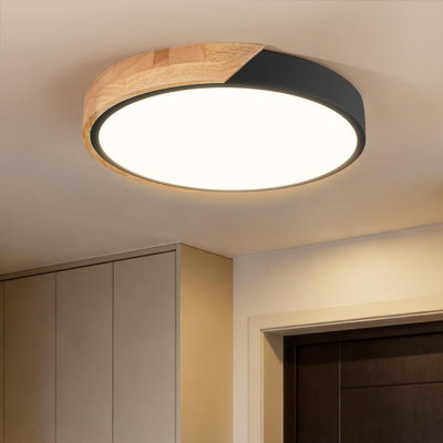 11.8 Inch Wood LED Flush Mount Ceiling Light 3000K, Black Modern Style, Acrylic Lampshade, Not Dimmable, Ceiling Light Fixture