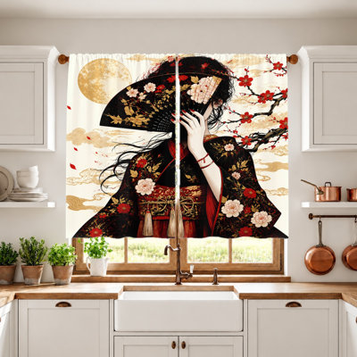 2Pcs Japanese Geisha with Fan and Cherry Blossoms curtains, light filtering fabric, artistic elegant design, privacy protection, rod-pocket, suitable for living room, bedroom, balcony, kitchen home decoration