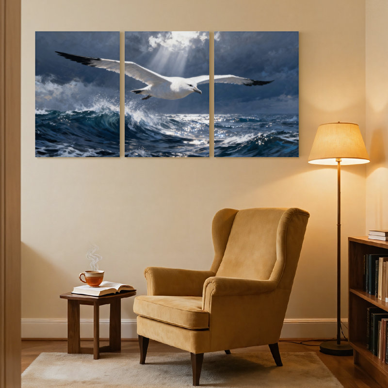 Birds Seagull Soaring Over Ocean Waves Under Sky, ensemble de 3 impressions sur toile, H 36 po x l 72 po