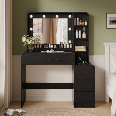 Meuble-lavabo noir moderne de 39 po avec miroir à DEL réglable 3 couleurs et station de charge multi-ports, 5 tiroirs et tablettes de rangement ouvertes