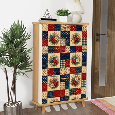 Shoe Storage Cabinet with 3 Flip Drawers for Floral Patchwork Quilt Red Roses Daisies Stars Gingham Vintage Shoe Rack Storage Organizer