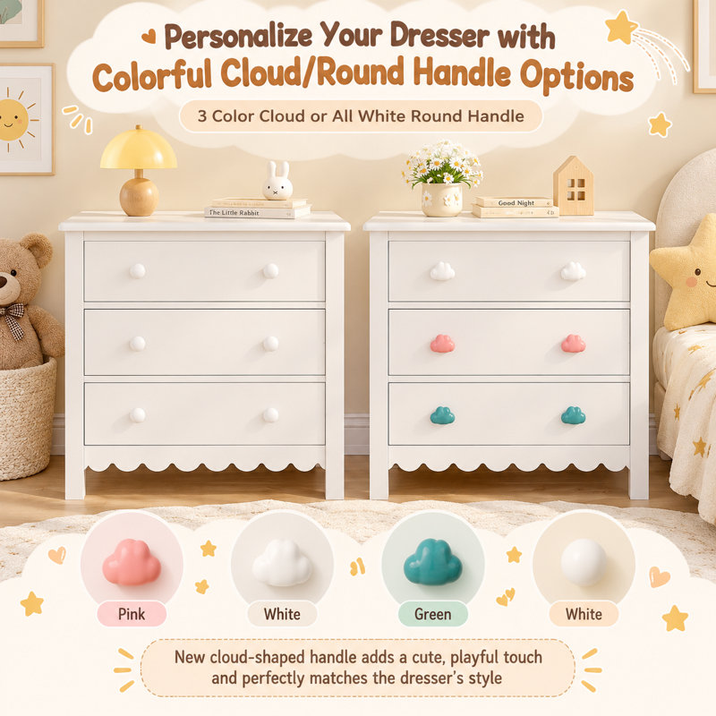 27.5" 3-Drawer Dresser and Accent Chest with 2 Sets of Interchangeable Knobs, White