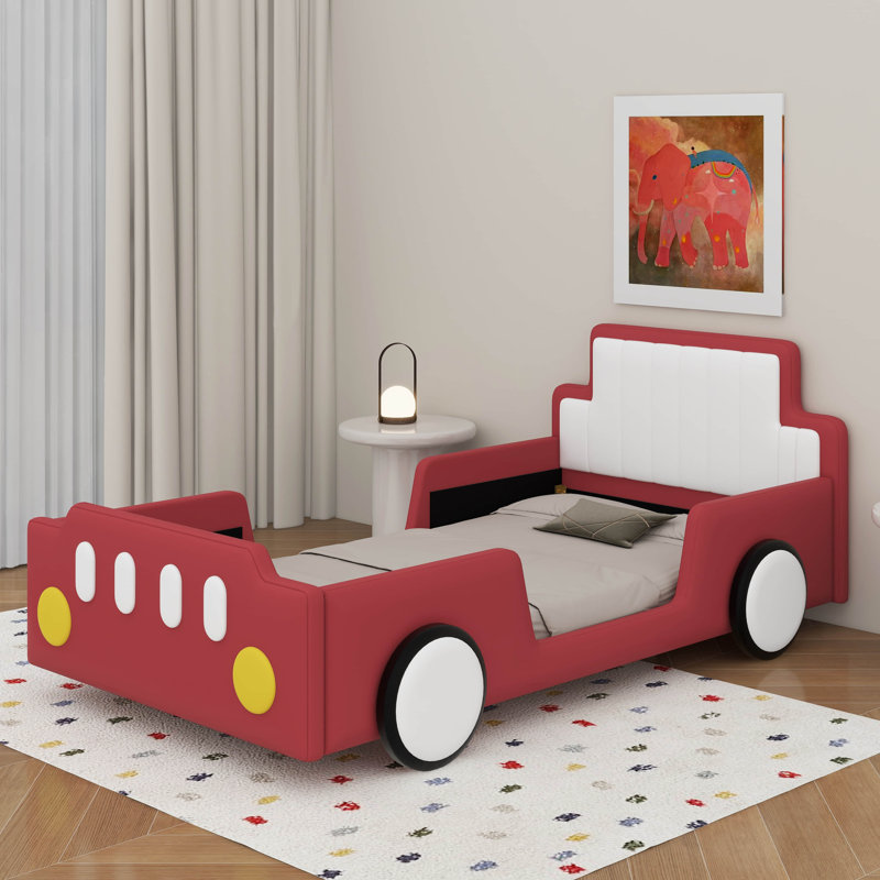 Lit simple en forme de voiture de course avec roues, Rouge