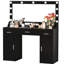 Bureau de meuble-lavabo pour femme, 46,08 po, noir, panneau de particules, grand miroir, 3 modes d'éclairage, luminosité réglable, tiroirs, 2 armoires, installation rapide, bureau à finition teintée, configuration pour le stress,