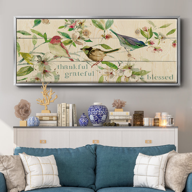 «Grateful Thankful Blessed Birds», toile encadrée, H 20 po x l 50 po