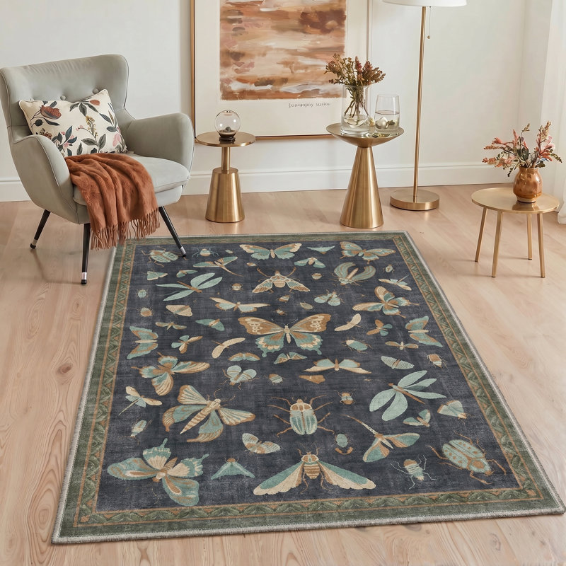 Adonis Elytra Abstract Machine Washable Black / Green Indoor Area Rug with Non-Slip Backing, Rectangle 9' x 12'